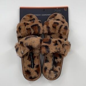 FRENCH CONNECTION Leopard faux fur fuzzy slippers